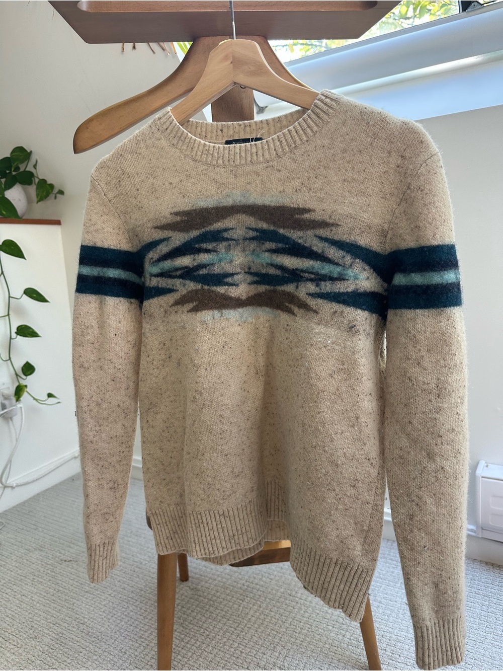 Pendleton Beige Crewneck Sweater with Teal & Brown Geometric Stripes